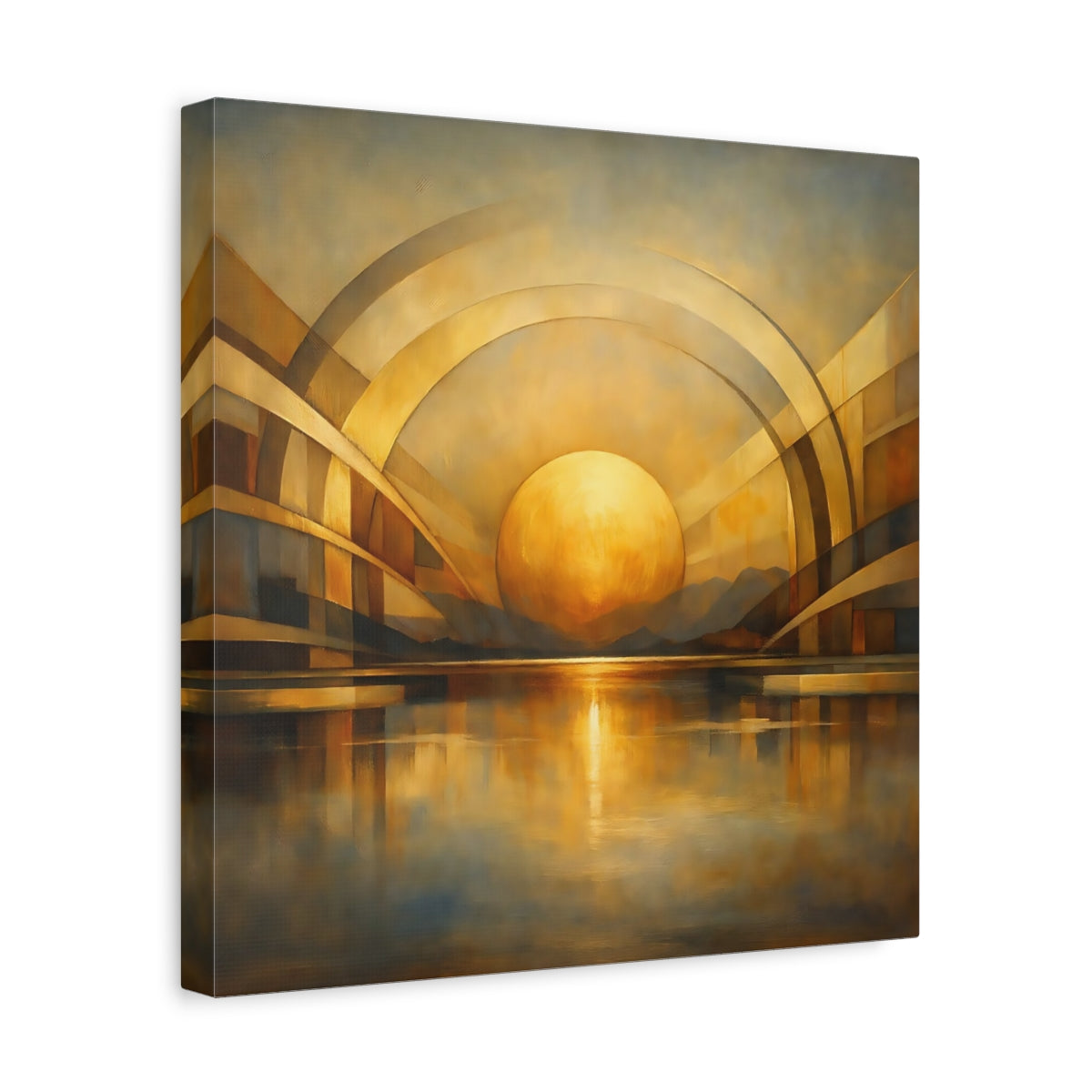 Side Mockup 7. Abstract Golden Sphere Gold Geometric shown as stretched canvas wall art