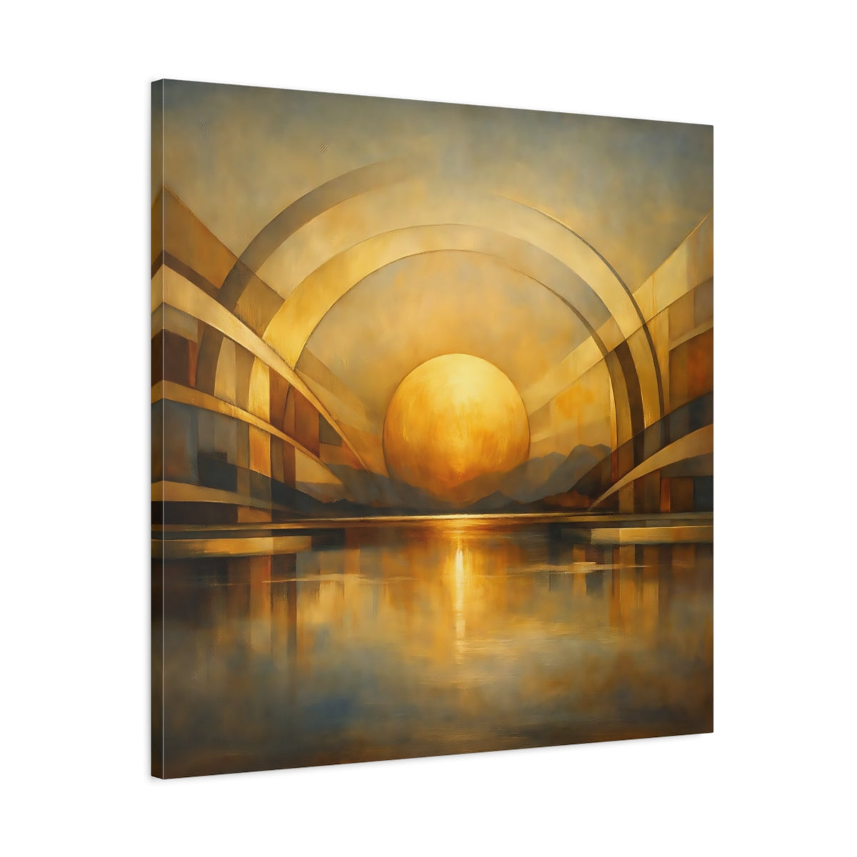 Side Mockup 3. Abstract Golden Sphere Gold Geometric shown as stretched canvas wall art