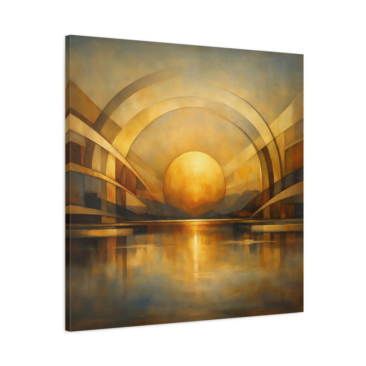 Side Mockup 2. Abstract Golden Sphere Gold Geometric shown as stretched canvas wall art