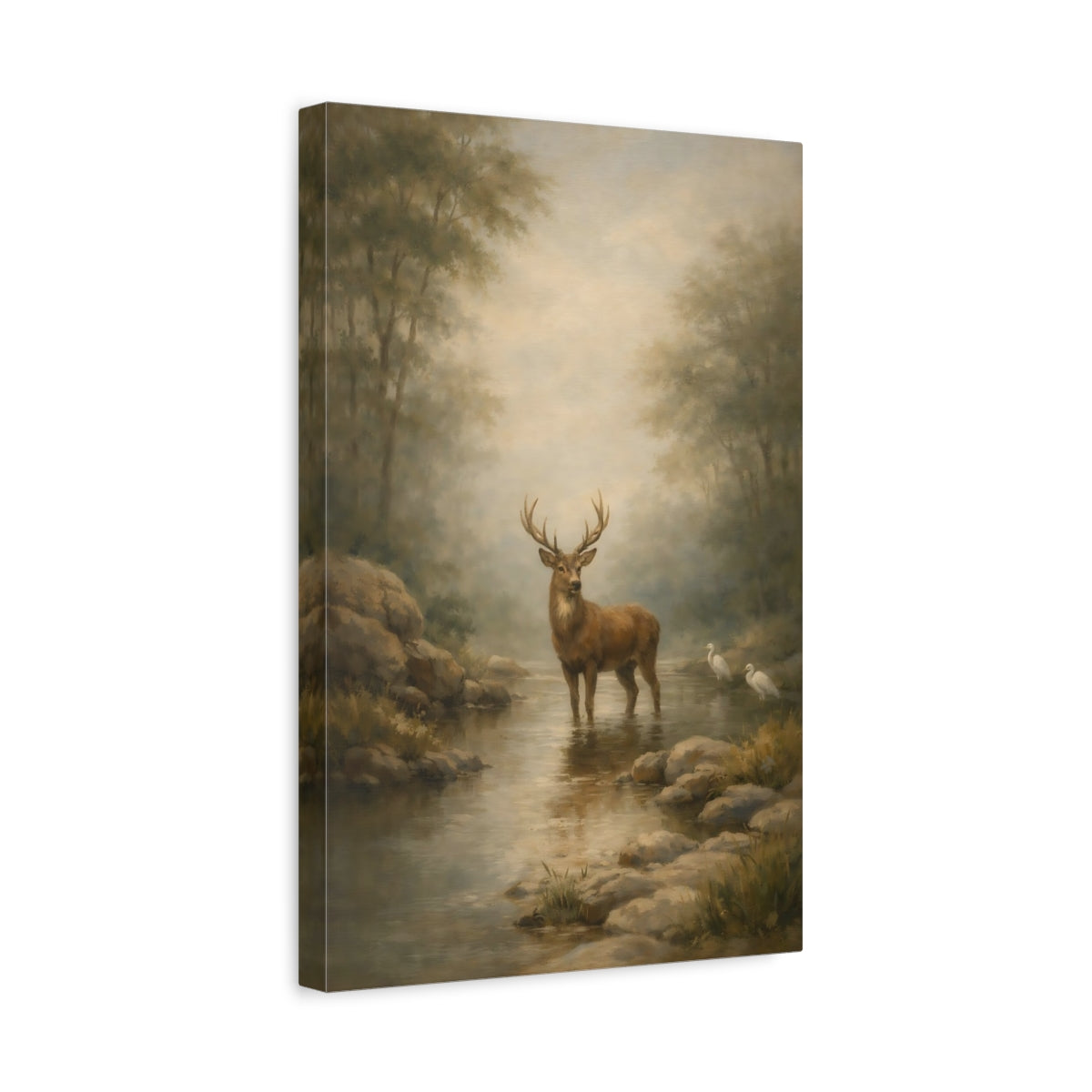 Side Mockup 4. Nature Stag Misty Forest Deer shown as stretched canvas wall art