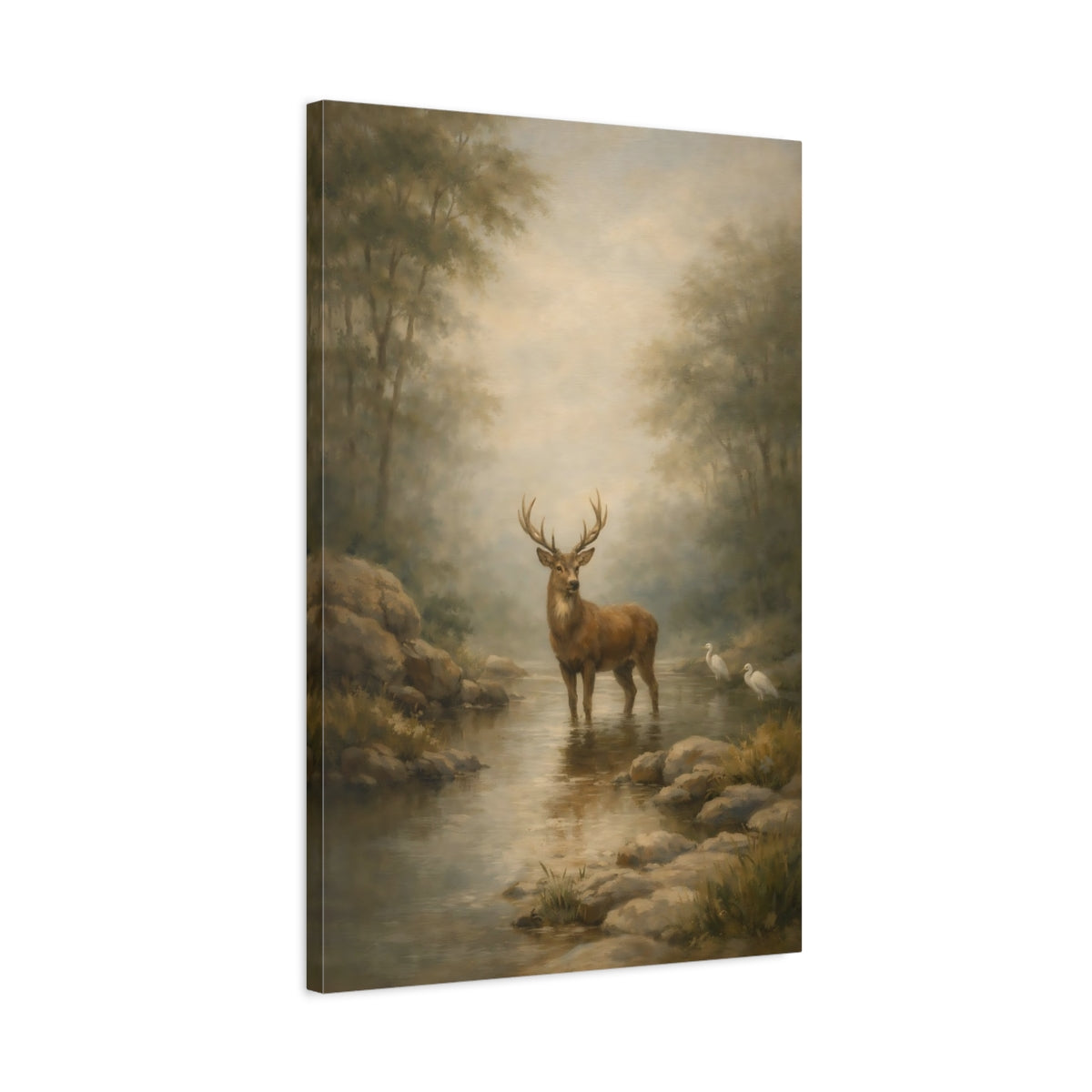 Side Mockup 2. Nature Stag Misty Forest Deer shown as stretched canvas wall art