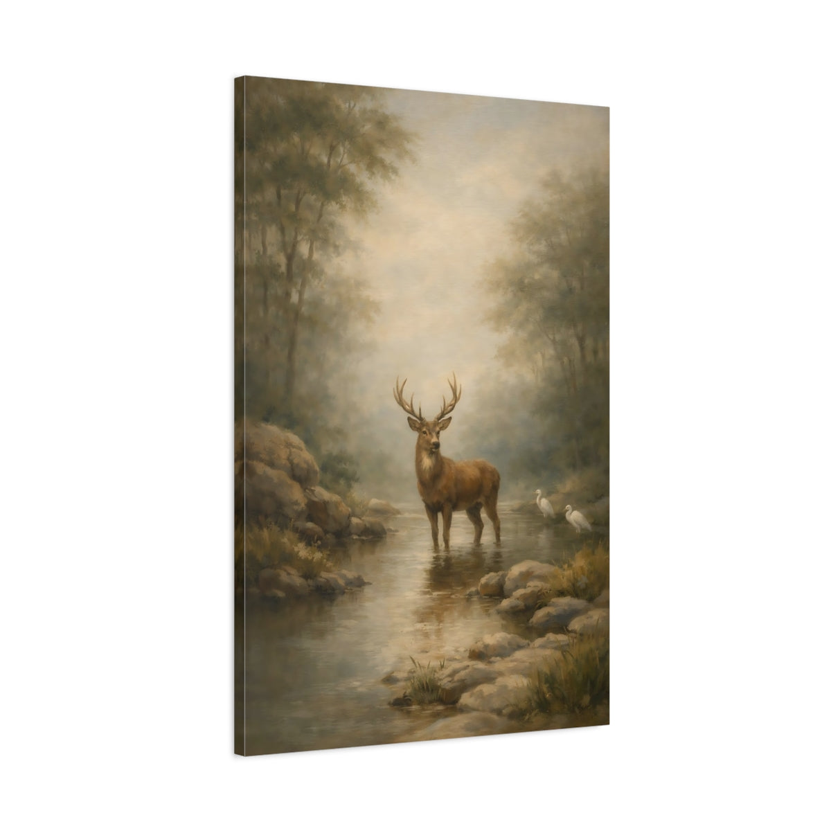 Side Mockup 1. Nature Stag Misty Forest Deer shown as stretched canvas wall art