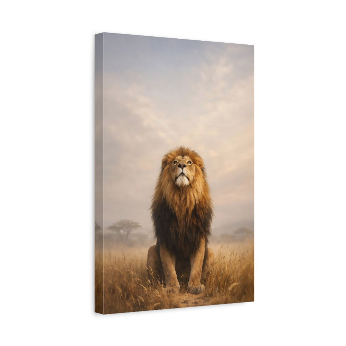 Side Mockup 4. Animals Lion Brown And Gold Lion shown as stretched canvas wall art