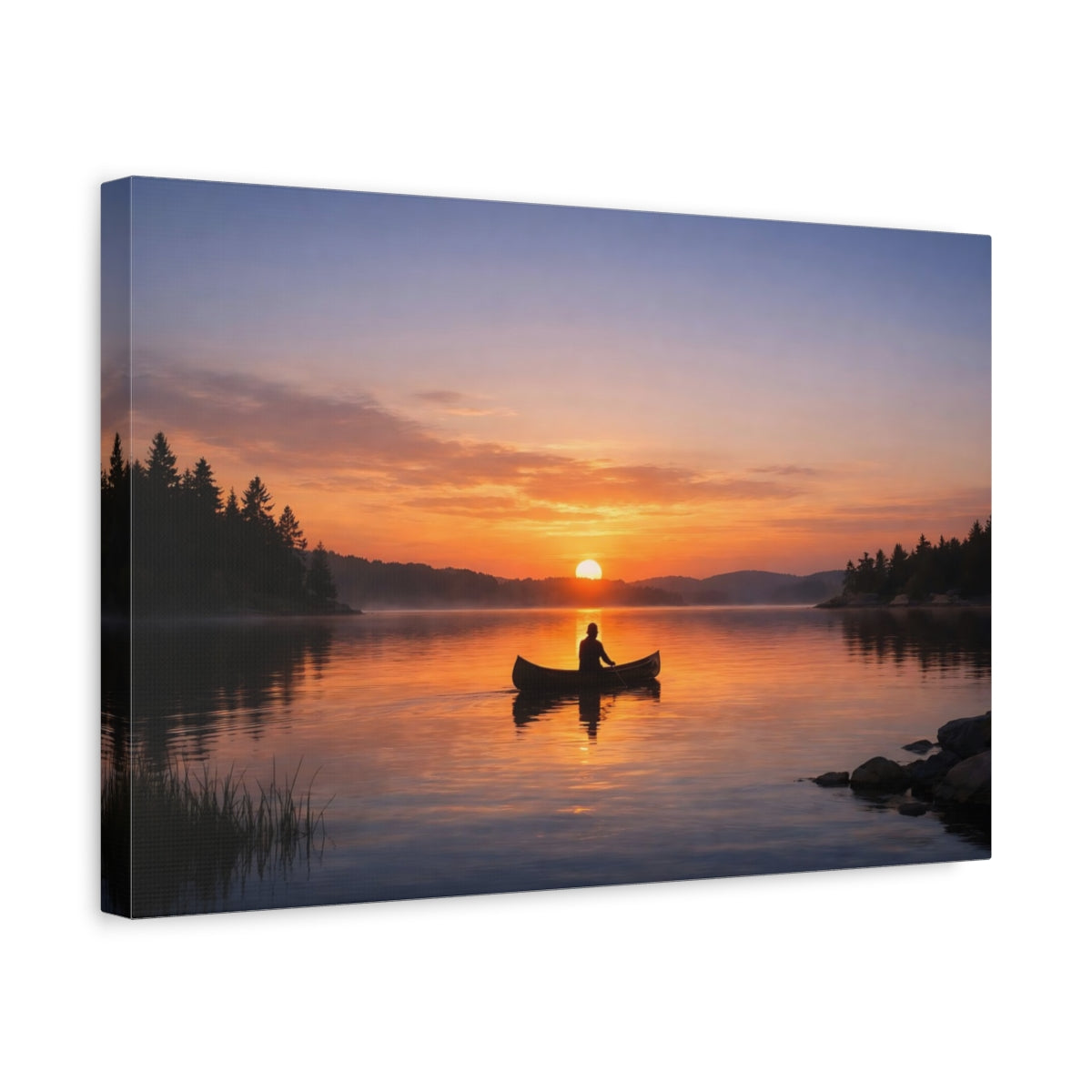 Contemporary Sunset Lake Sunrise Canoe Nature - Canvas Wall Art Print