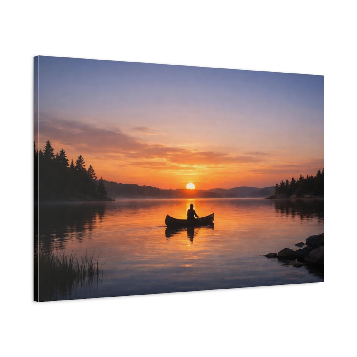 Contemporary Sunset Lake Sunrise Canoe Nature - Canvas Wall Art Print