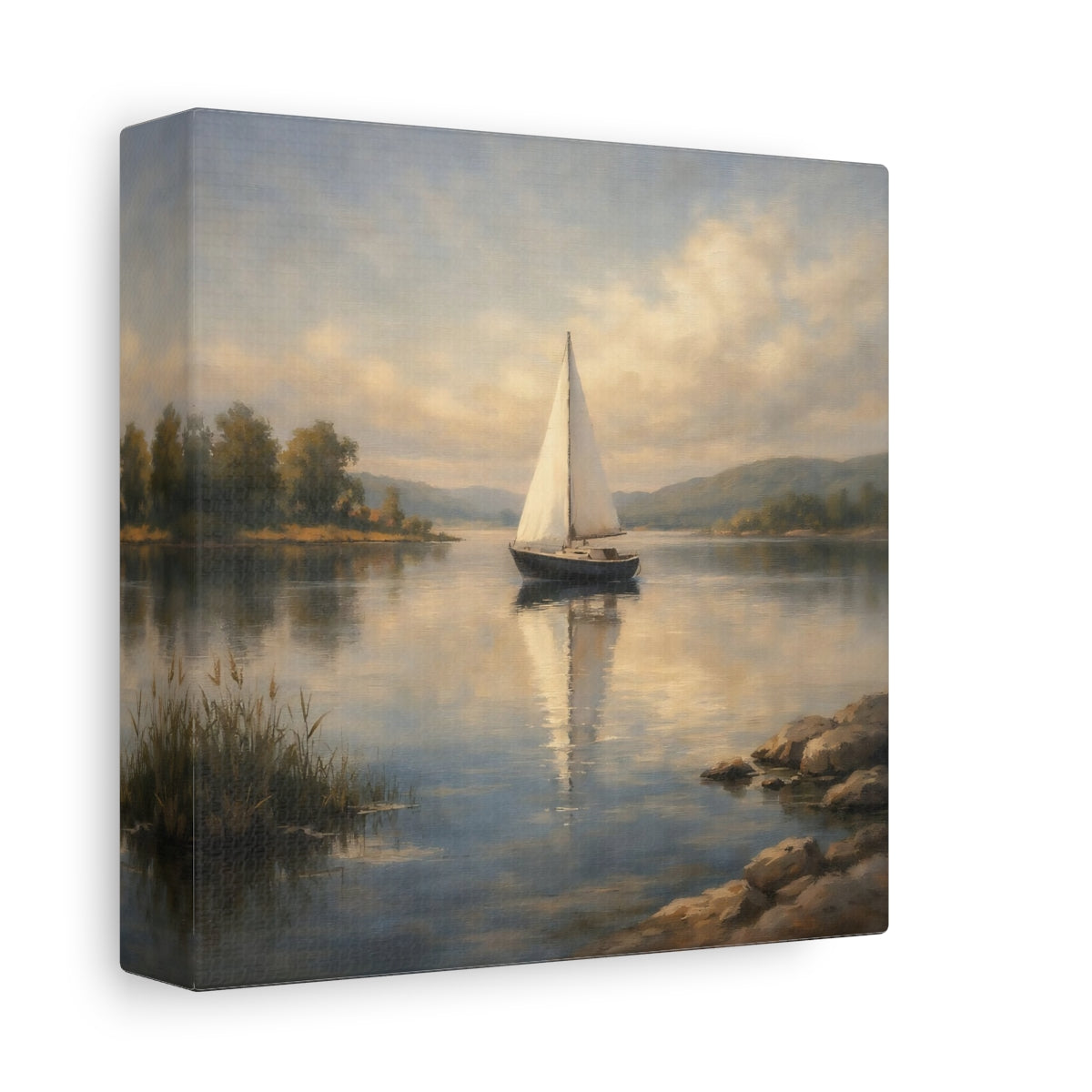 Side Mockup 1. Nature Sailboat Calm Lake Sailboat shown as stretched canvas wall art