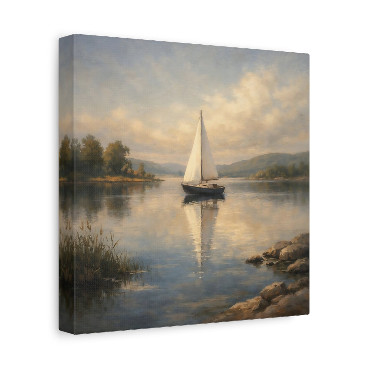 Side Mockup 9. Nature Sailboat Calm Lake Sailboat shown as stretched canvas wall art