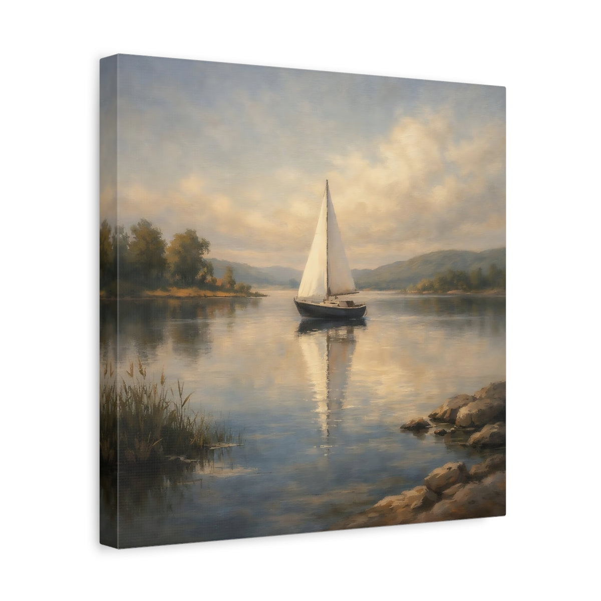 Side Mockup 7. Nature Sailboat Calm Lake Sailboat shown as stretched canvas wall art