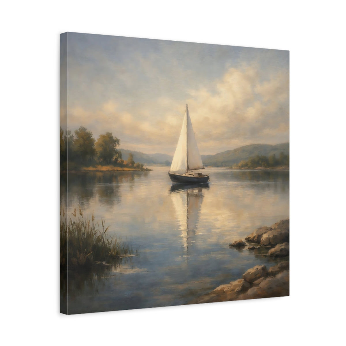 Side Mockup 5. Nature Sailboat Calm Lake Sailboat shown as stretched canvas wall art