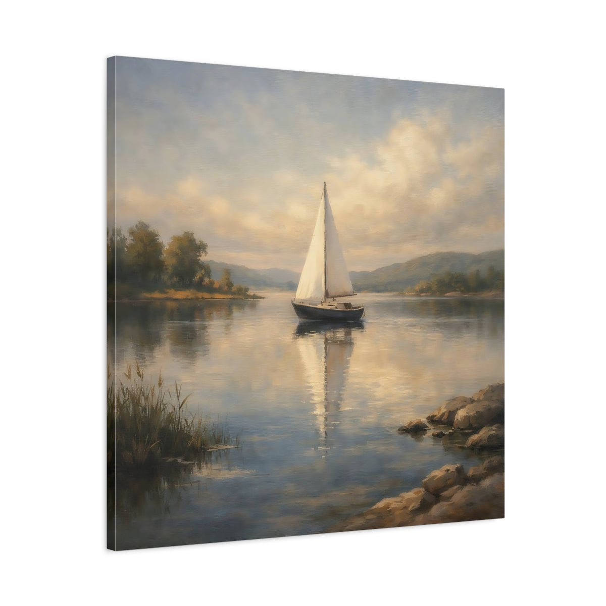 Side Mockup 3. Nature Sailboat Calm Lake Sailboat shown as stretched canvas wall art