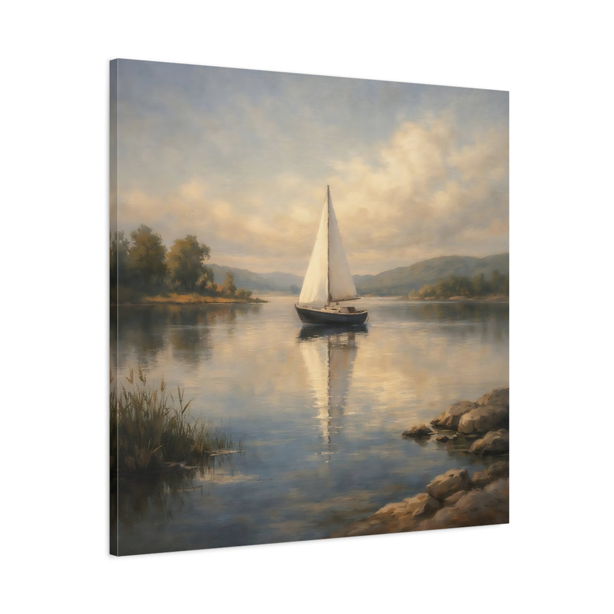 Side Mockup 2. Nature Sailboat Calm Lake Sailboat shown as stretched canvas wall art