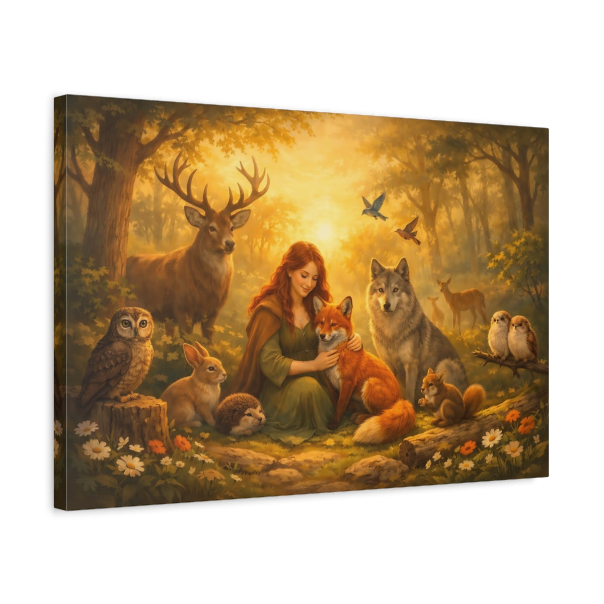 Golden Glow Forest Friends Woman And Animals Fairytale - Canvas Wall Art Print