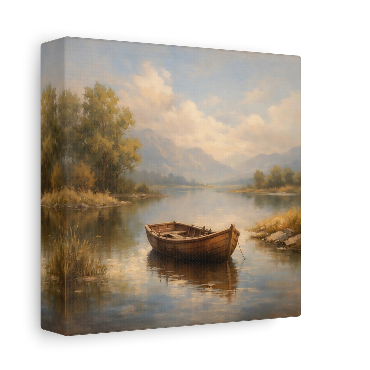 Side Mockup 1. Nature Rowboat Rowboat Lake Landscape shown as stretched canvas wall art