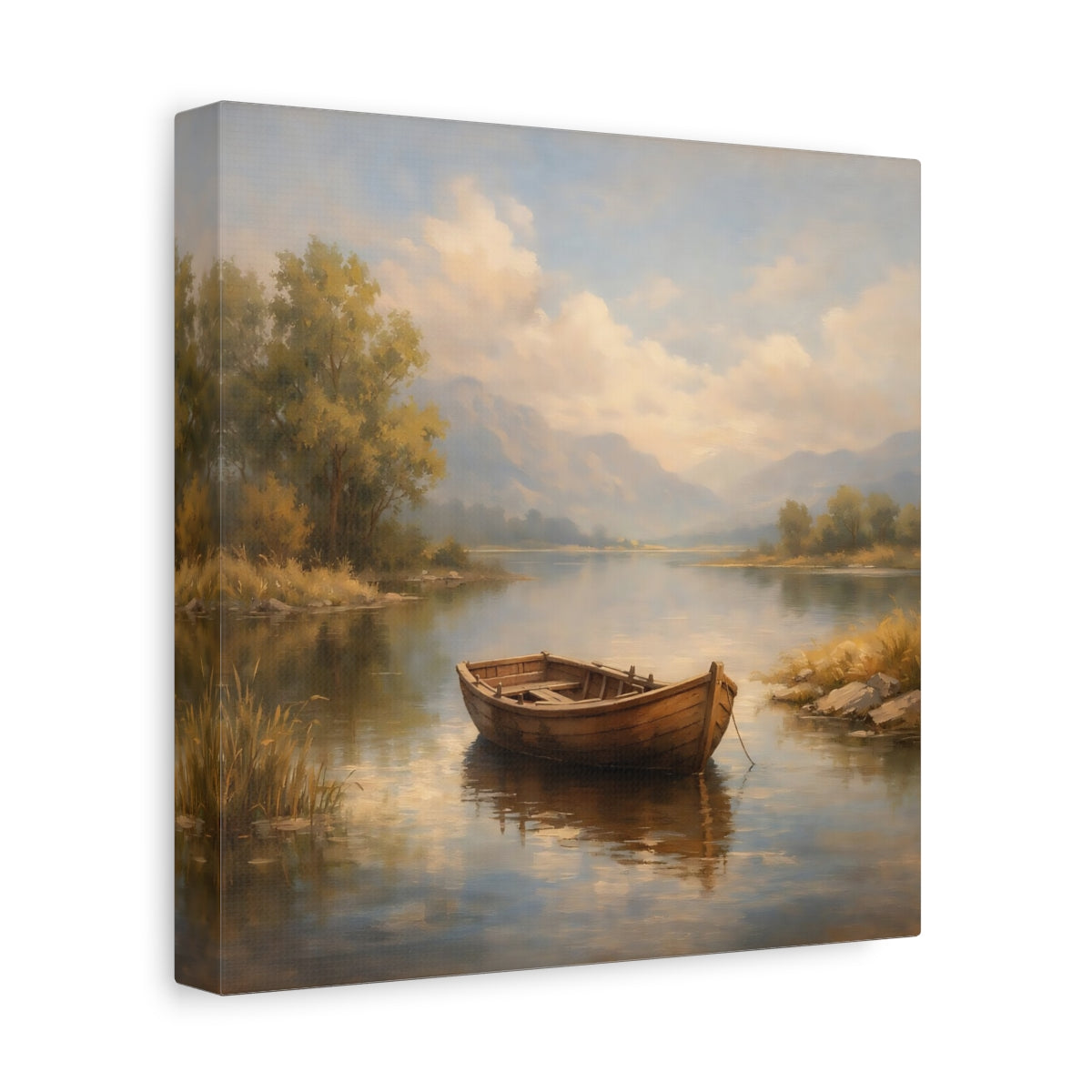 Side Mockup 9. Nature Rowboat Rowboat Lake Landscape shown as stretched canvas wall art