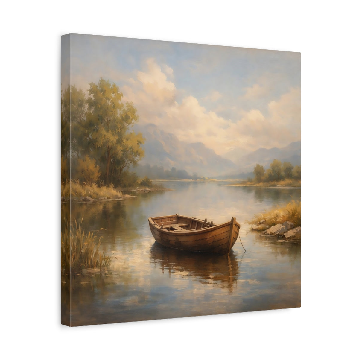 Side Mockup 6. Nature Rowboat Rowboat Lake Landscape shown as stretched canvas wall art