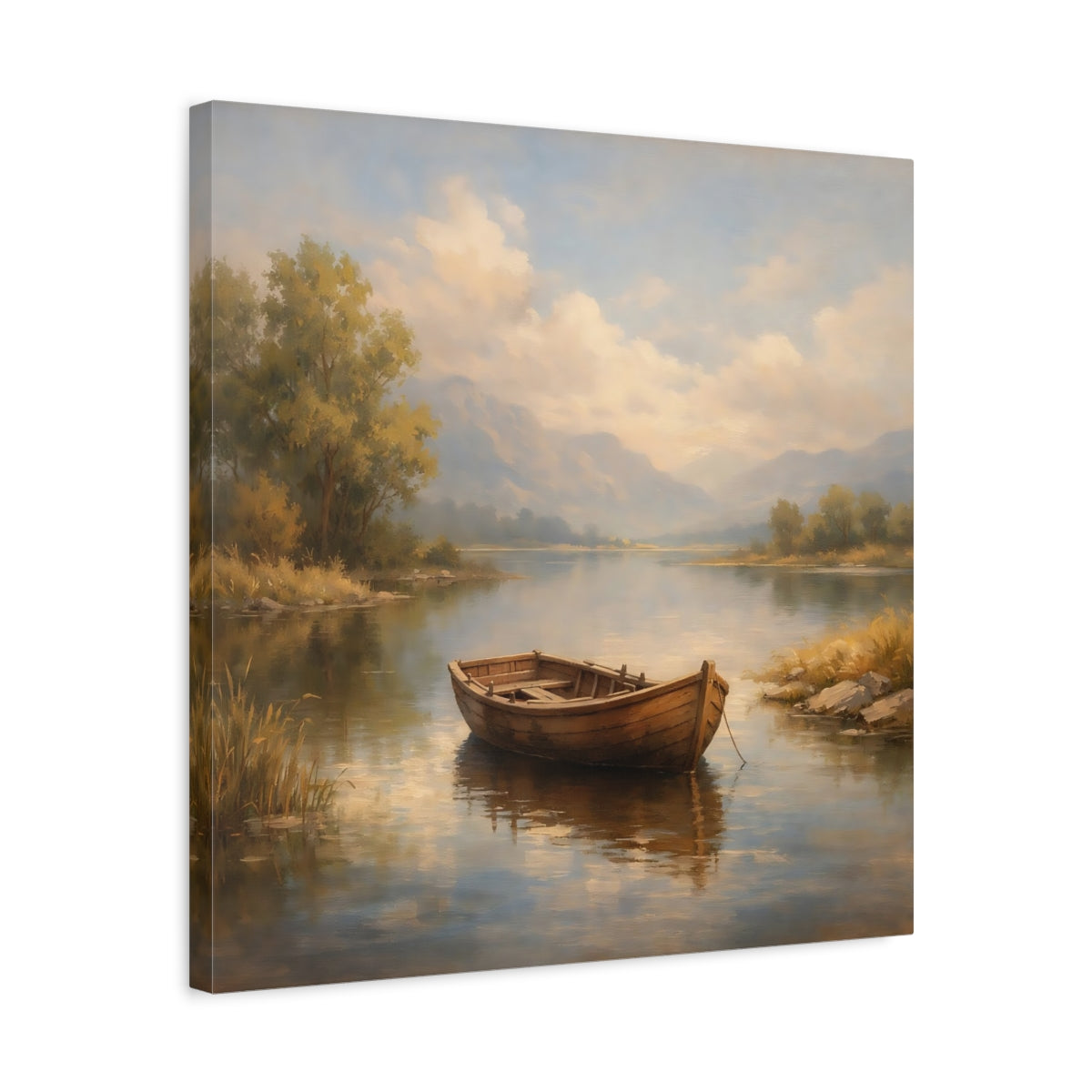 Side Mockup 5. Nature Rowboat Rowboat Lake Landscape shown as stretched canvas wall art