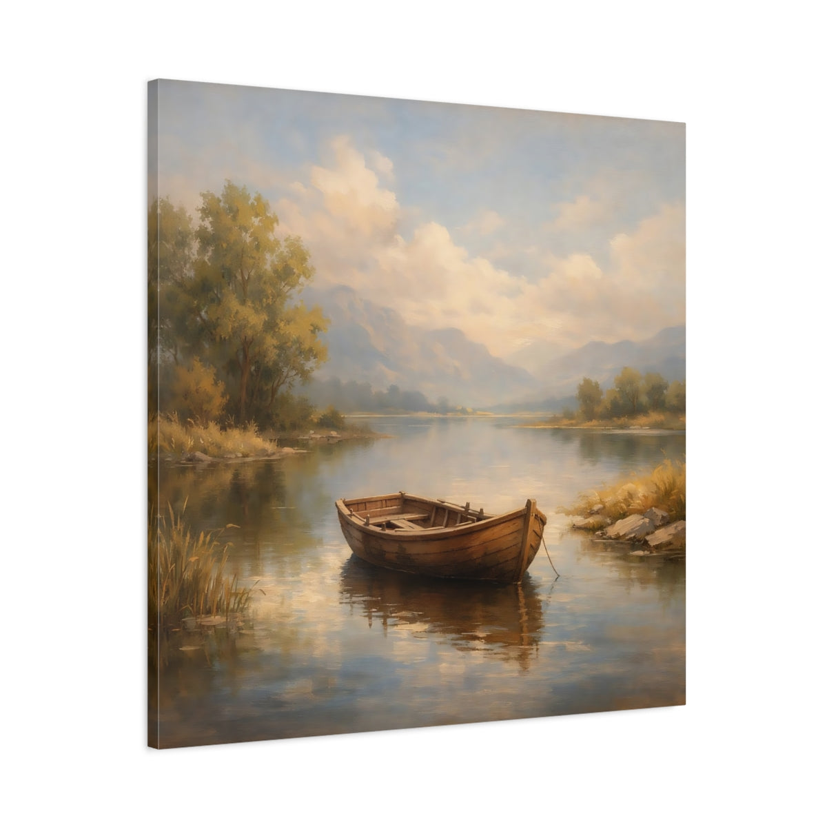 Side Mockup 2. Nature Rowboat Rowboat Lake Landscape shown as stretched canvas wall art
