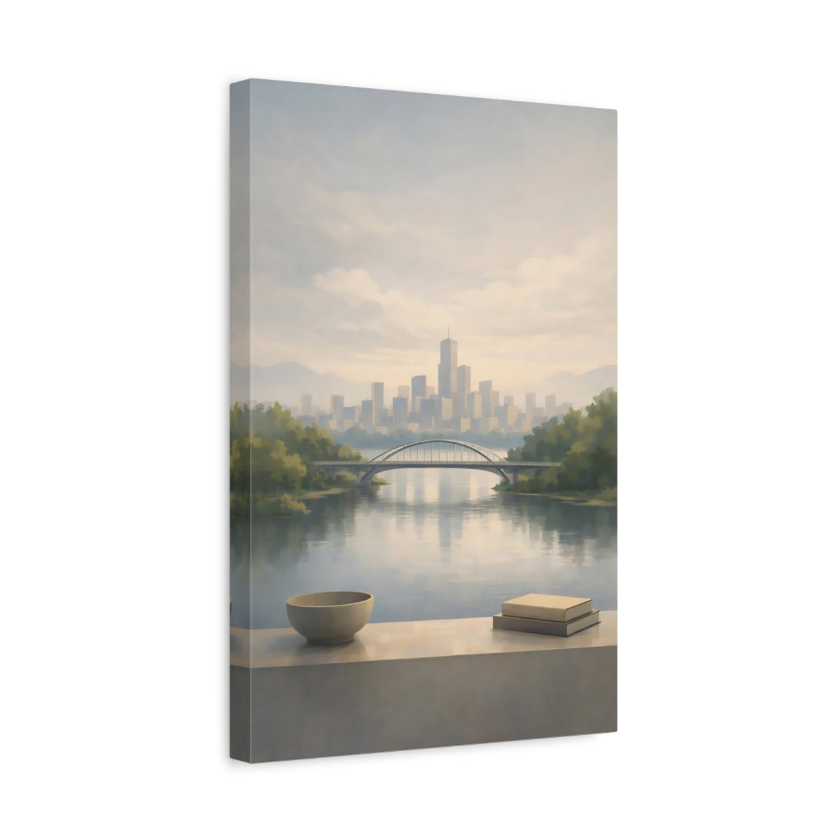 Side Mockup 4. Nature Cityscape Muted Blue Grey shown as stretched canvas wall art