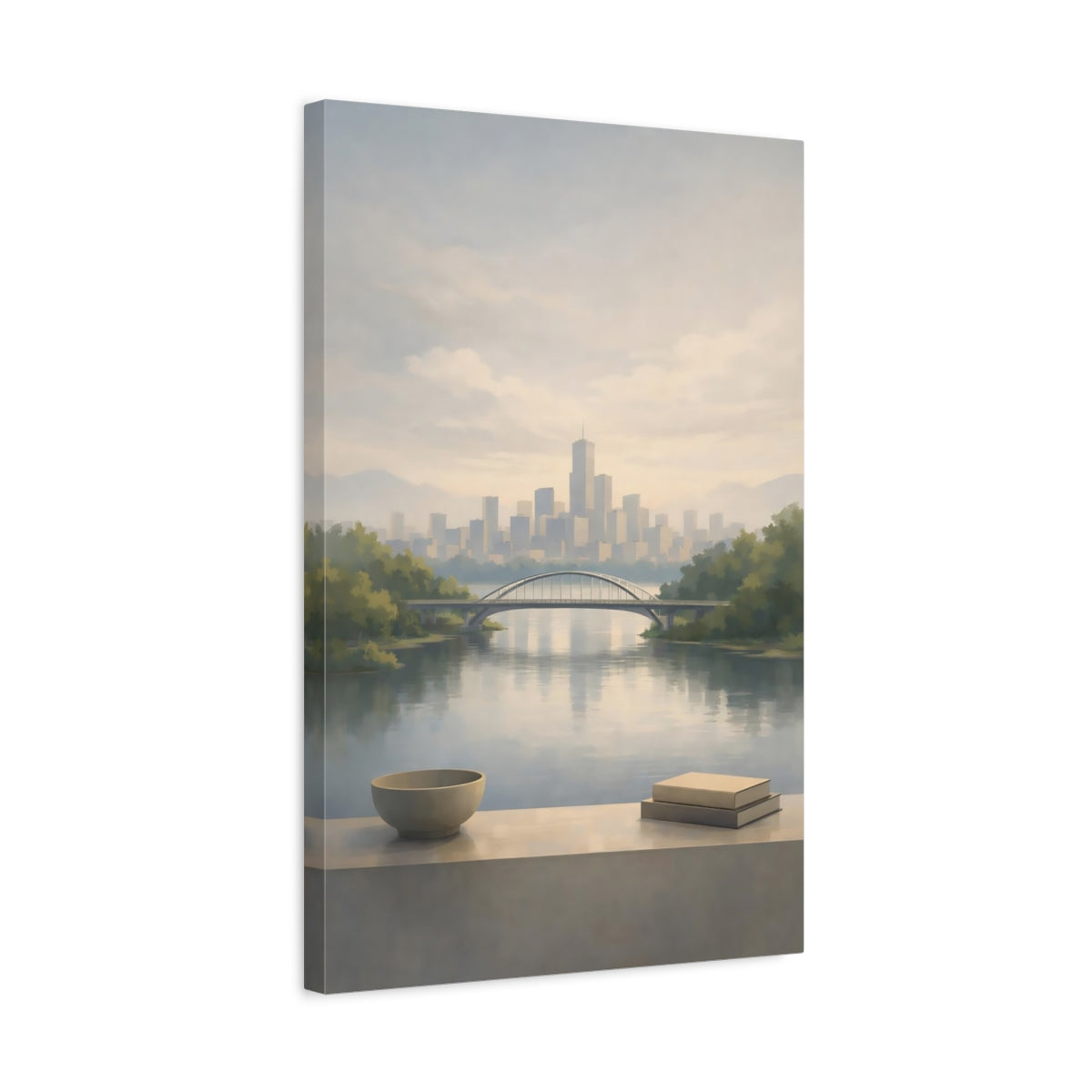 Side Mockup 3. Nature Cityscape Muted Blue Grey shown as stretched canvas wall art