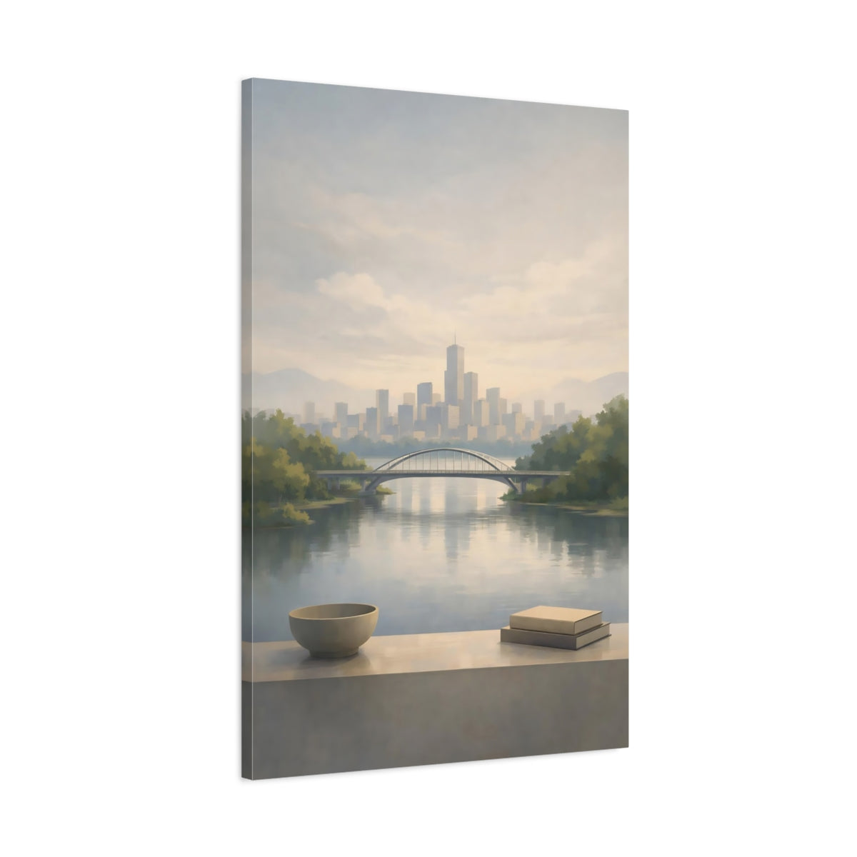 Side Mockup 1. Nature Cityscape Muted Blue Grey shown as stretched canvas wall art