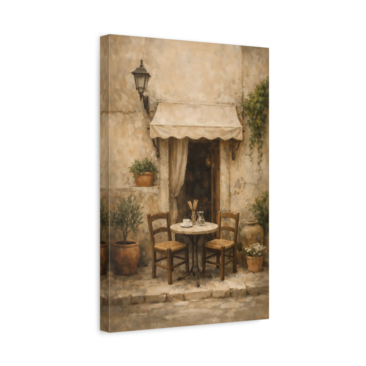 Side Mockup 4. Vintage Outdoor Cafe Rustic Cafe shown as stretched canvas wall art