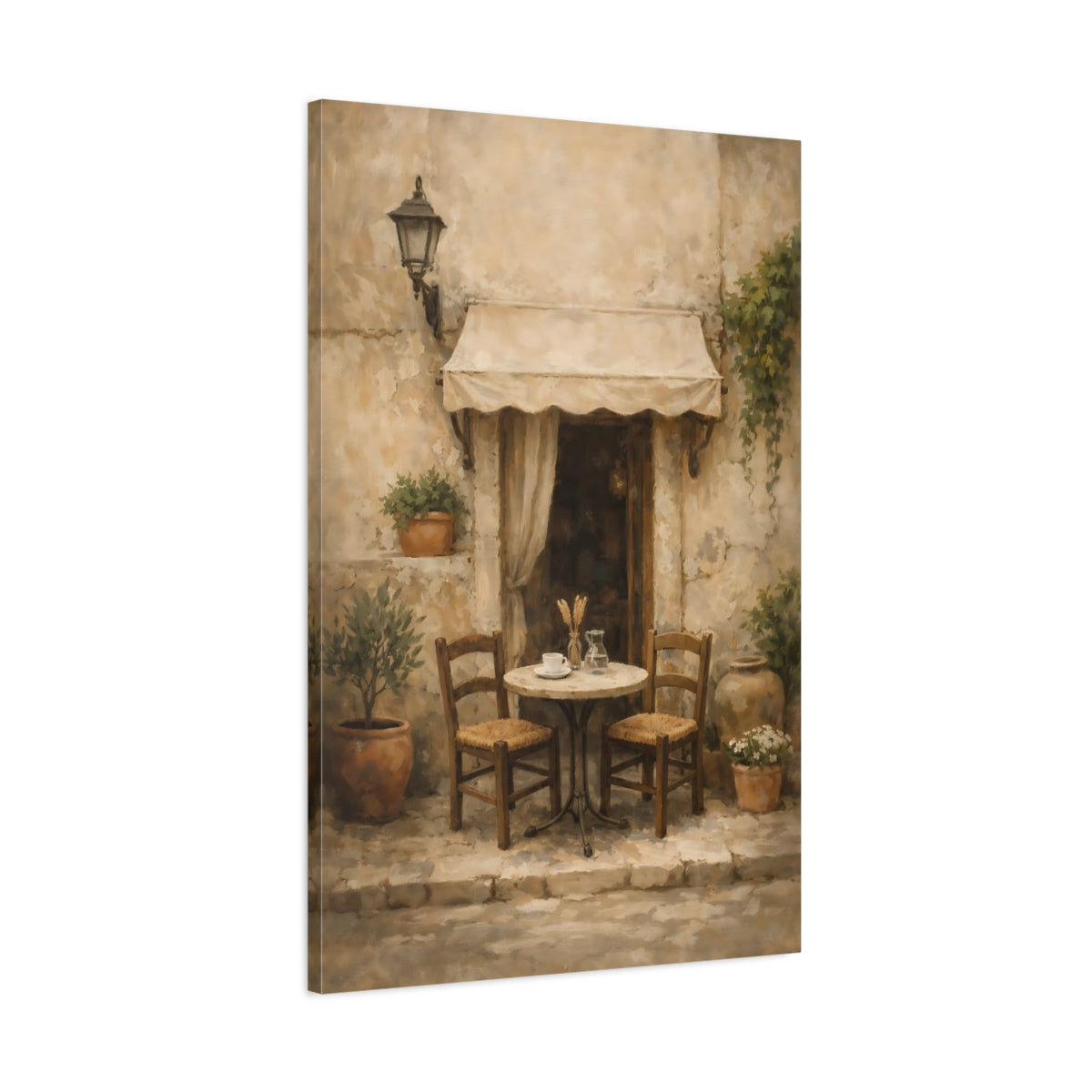 Side Mockup 1. Vintage Outdoor Cafe Rustic Cafe shown as stretched canvas wall art