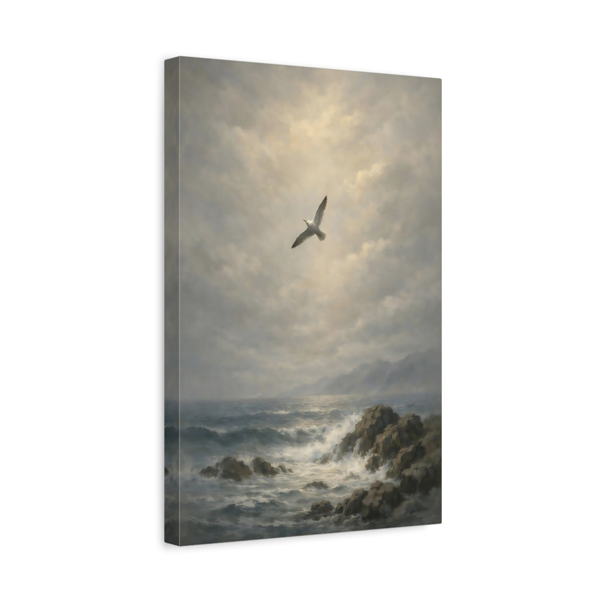 Side Mockup 4. Nature Seagull Grey Ocean Art shown as stretched canvas wall art