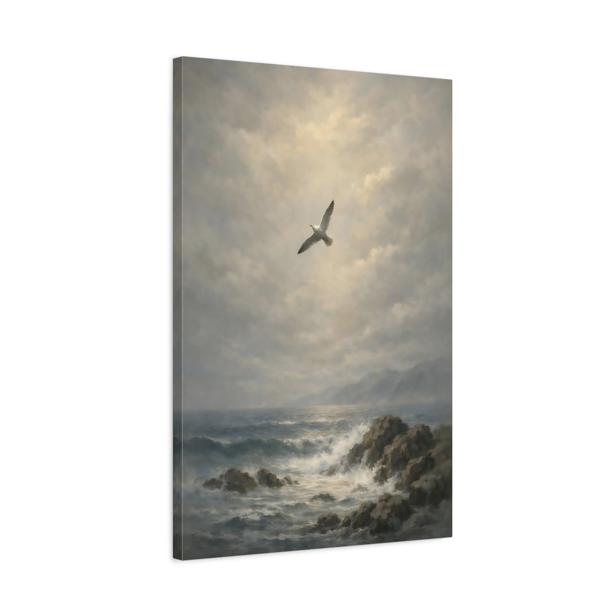Side Mockup 2. Nature Seagull Grey Ocean Art shown as stretched canvas wall art