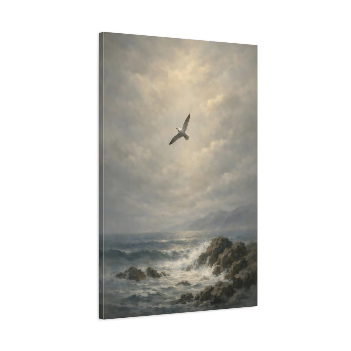 Side Mockup 1. Nature Seagull Grey Ocean Art shown as stretched canvas wall art