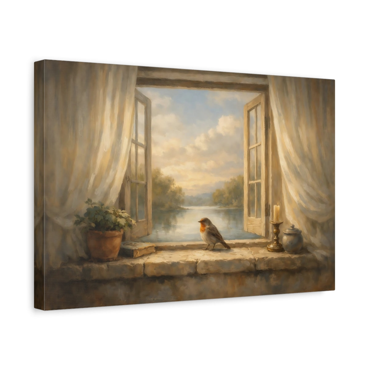 Side Mockup 4. Interior Style Bird Window Light Scene shown as stretched canvas wall art
