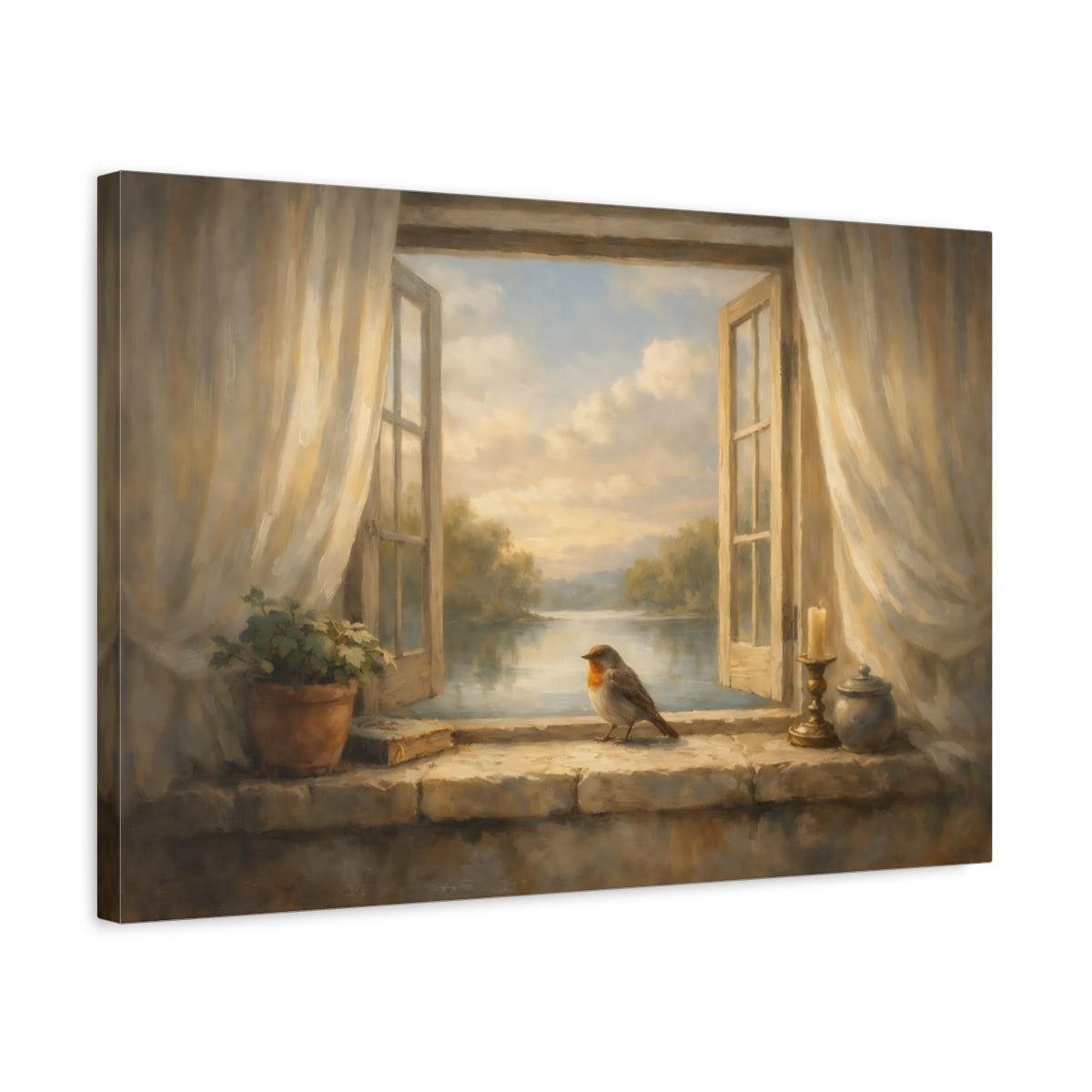 Side Mockup 3. Interior Style Bird Window Light Scene shown as stretched canvas wall art