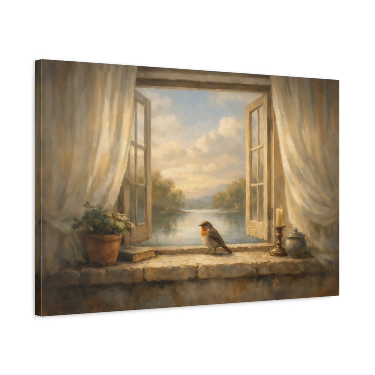 Side Mockup 2. Interior Style Bird Window Light Scene shown as stretched canvas wall art