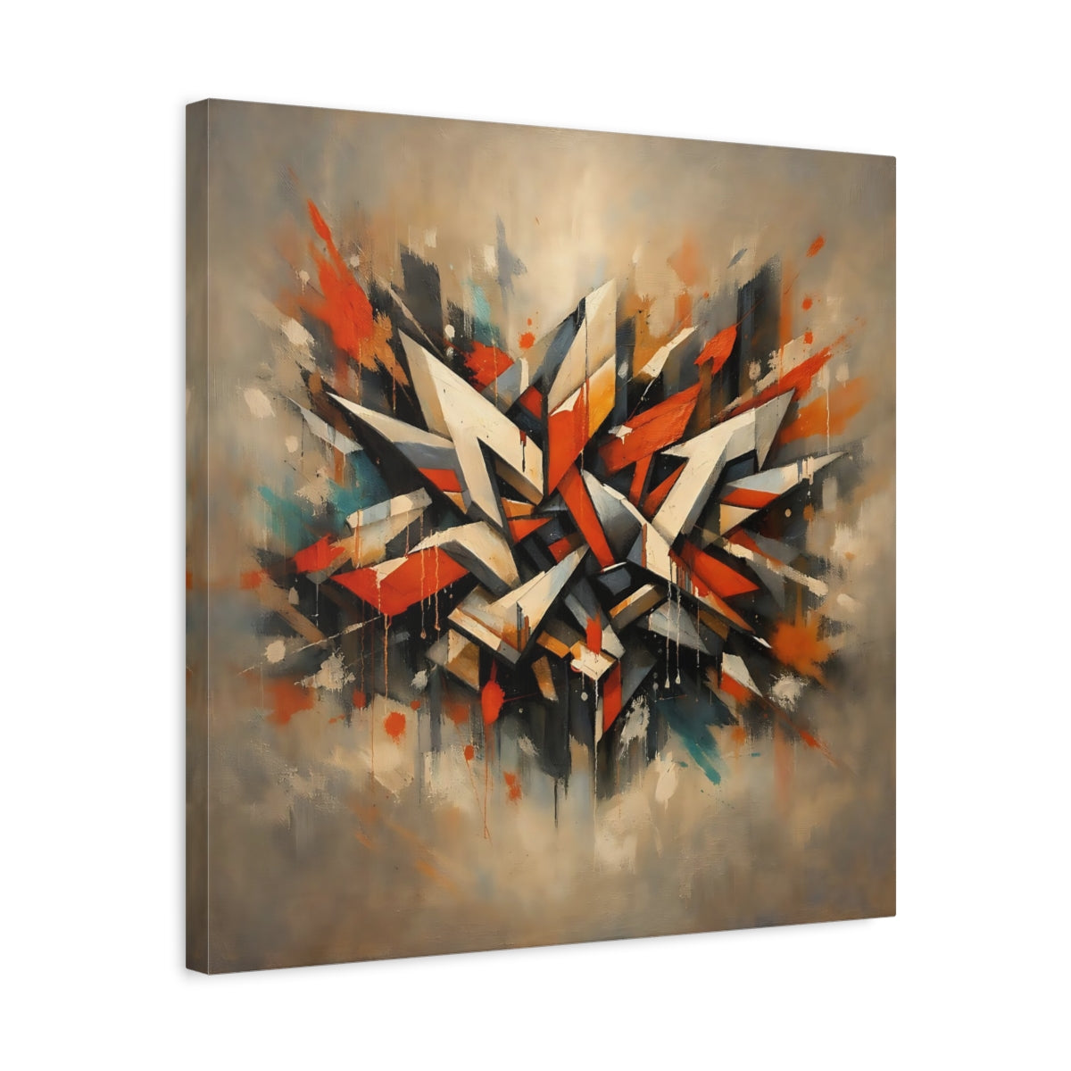 Side Mockup 5. Abstract Geometric Forms Abstract Orange Gray shown as stretched canvas wall art