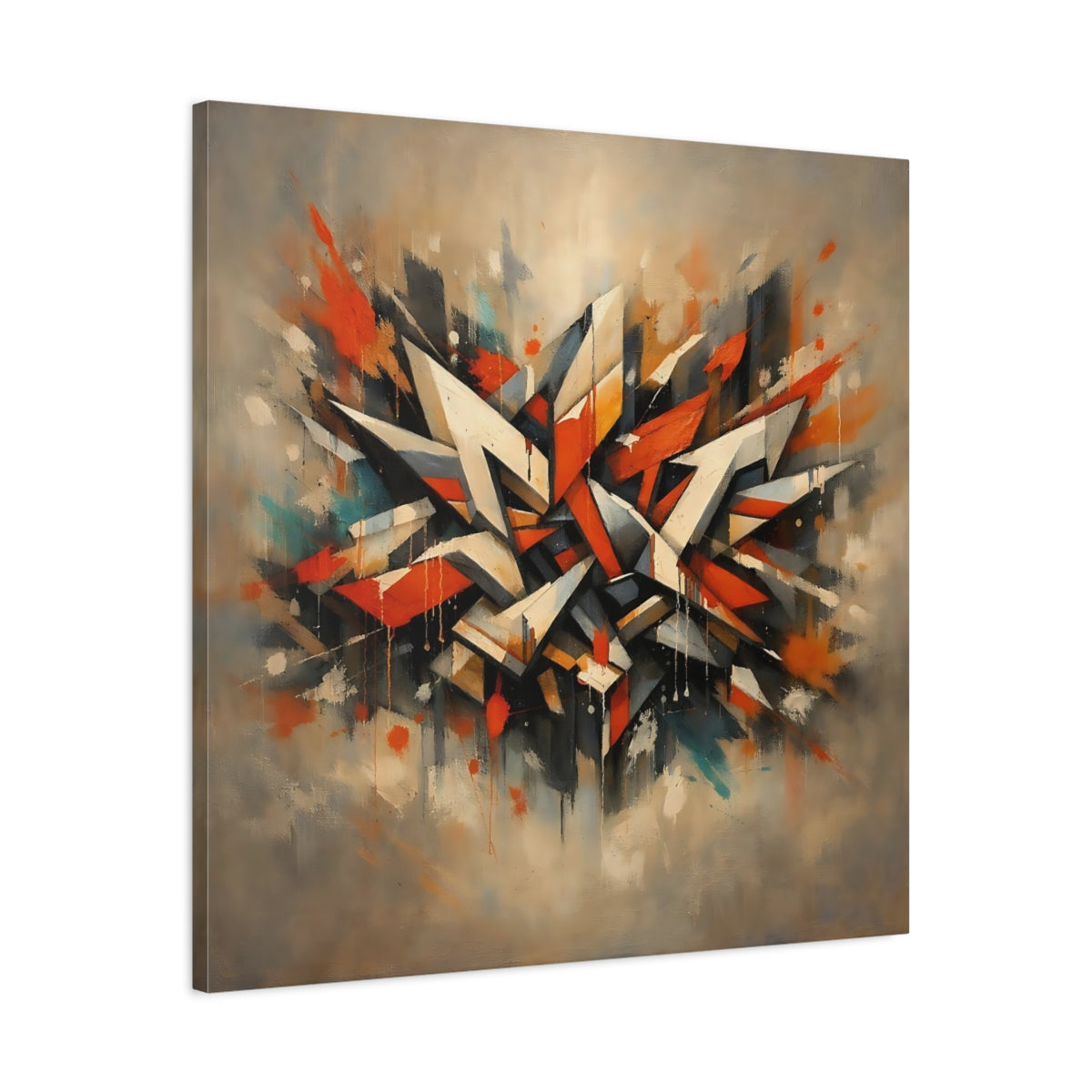 Side Mockup 3. Abstract Geometric Forms Abstract Orange Gray shown as stretched canvas wall art