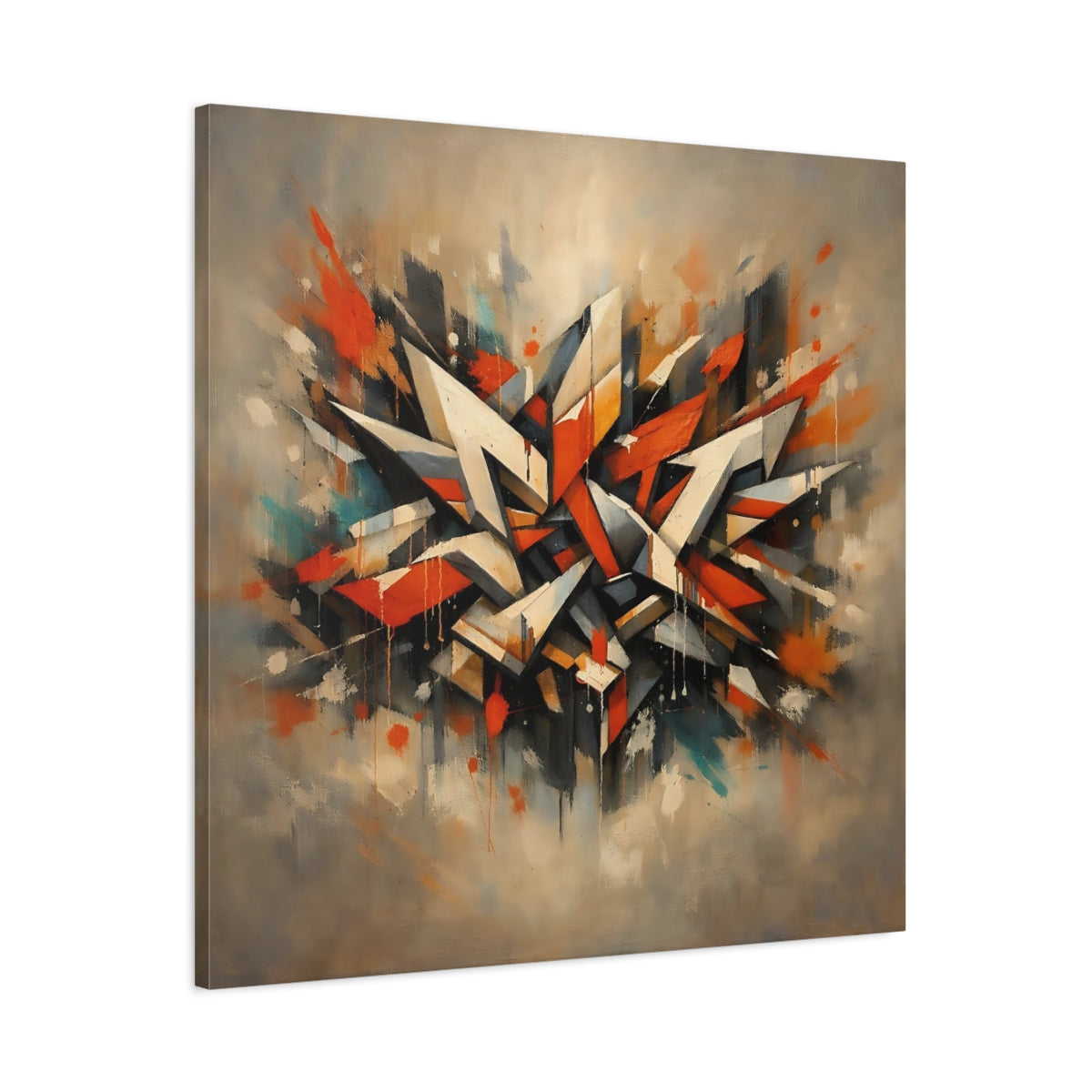 Side Mockup 2. Abstract Geometric Forms Abstract Orange Gray shown as stretched canvas wall art