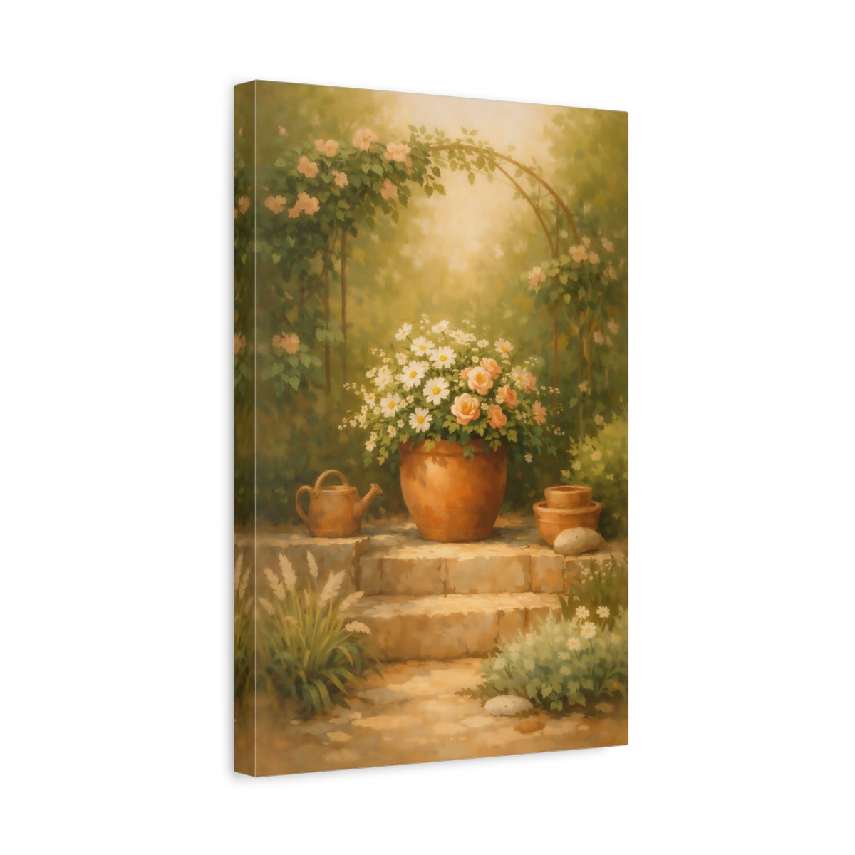 Side Mockup 4. Nature Potted Flowers Green Peach Garden shown as stretched canvas wall art