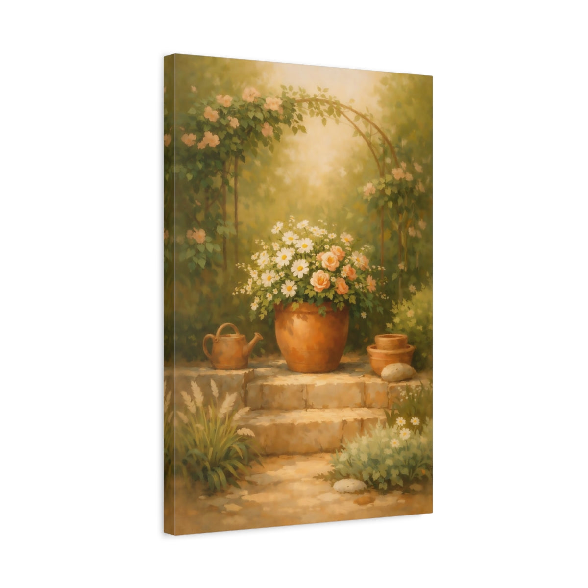 Side Mockup 3. Nature Potted Flowers Green Peach Garden shown as stretched canvas wall art