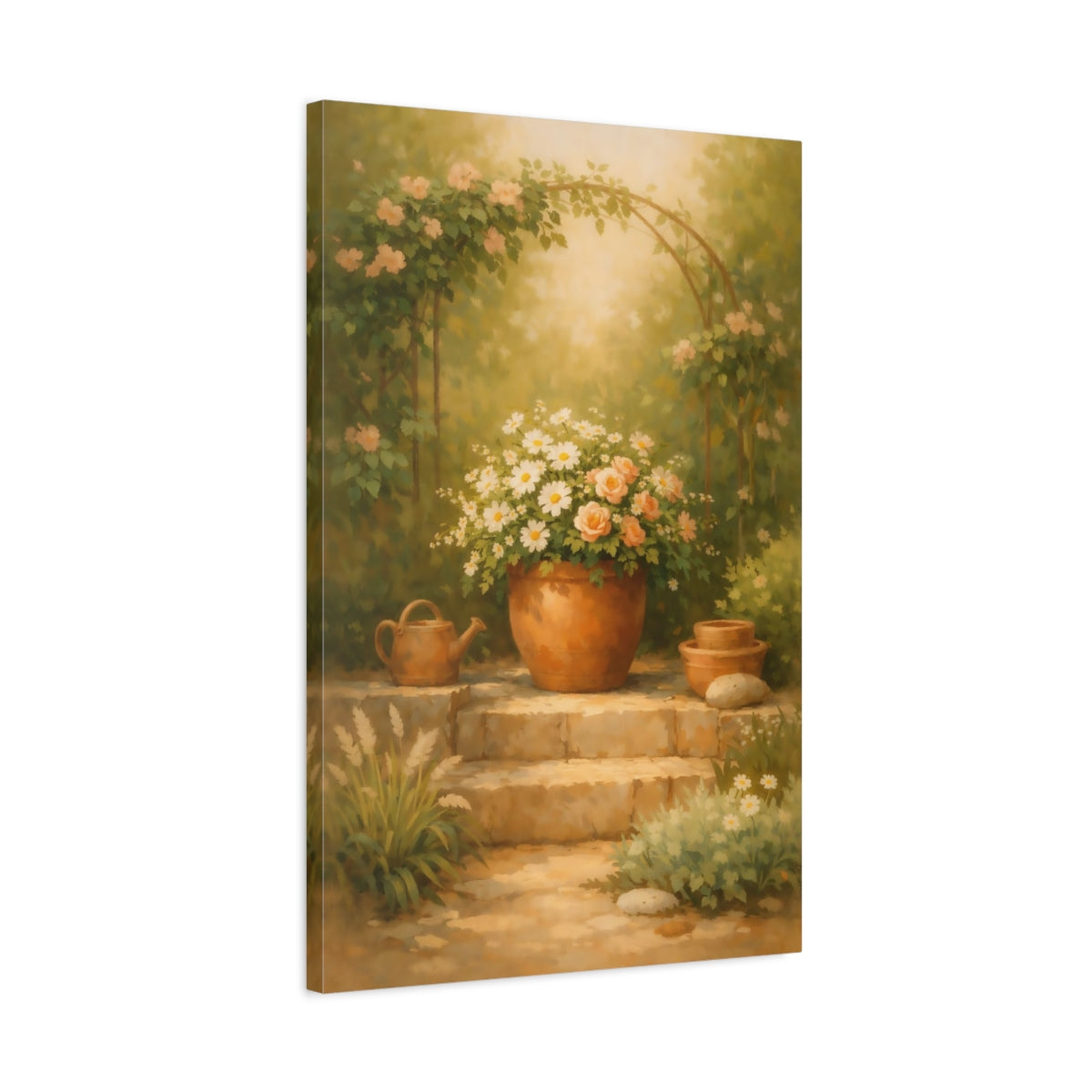 Side Mockup 2. Nature Potted Flowers Green Peach Garden shown as stretched canvas wall art