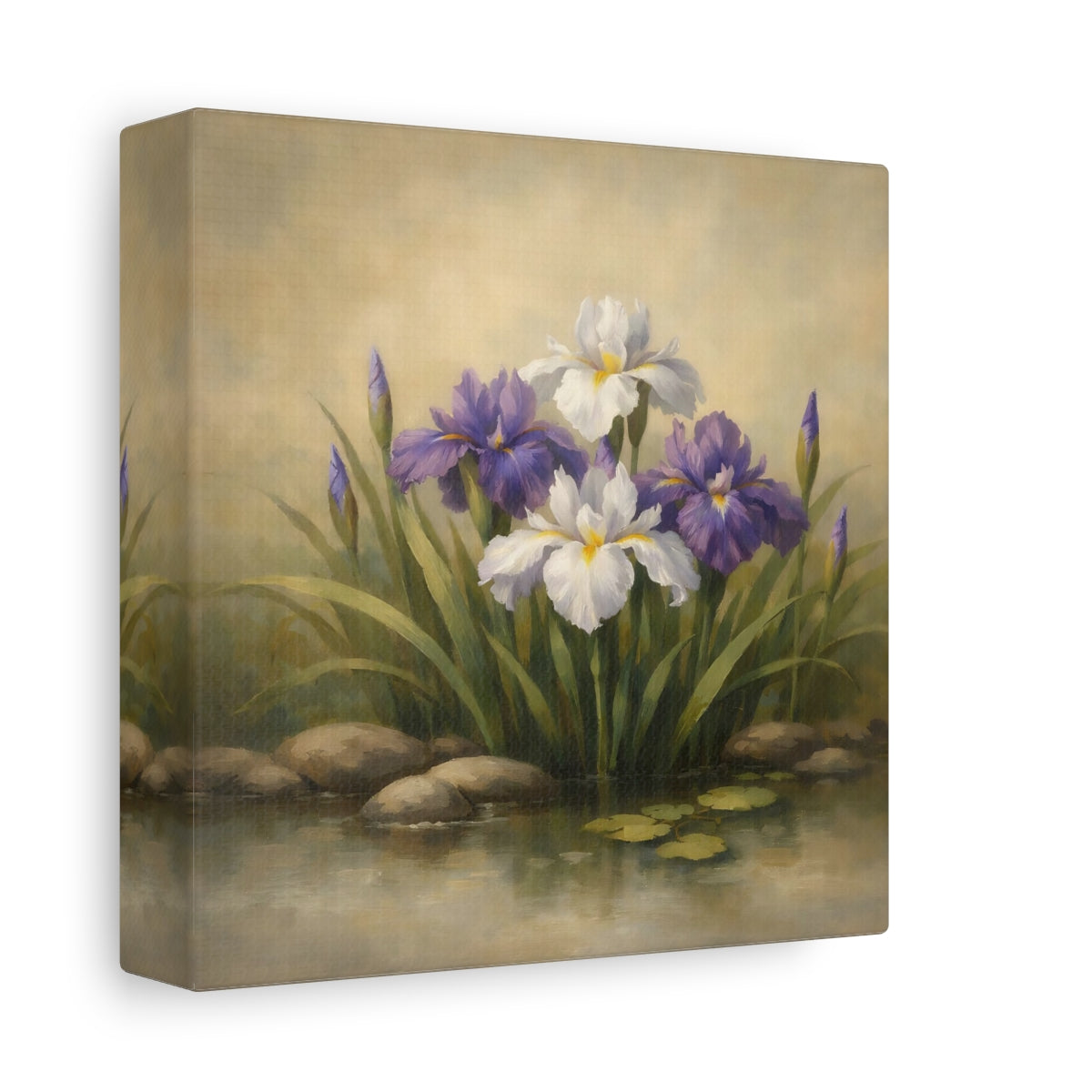 Side Mockup 1. Floral Iris Flowers Purple And White Floral shown as stretched canvas wall art