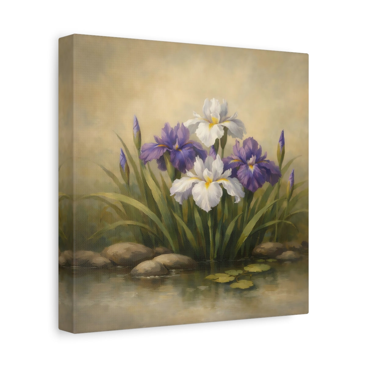 Side Mockup 9. Floral Iris Flowers Purple And White Floral shown as stretched canvas wall art