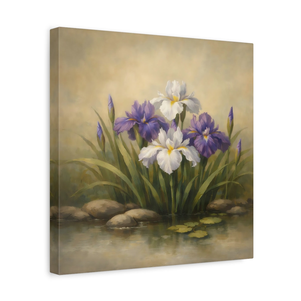 Side Mockup 7. Floral Iris Flowers Purple And White Floral shown as stretched canvas wall art