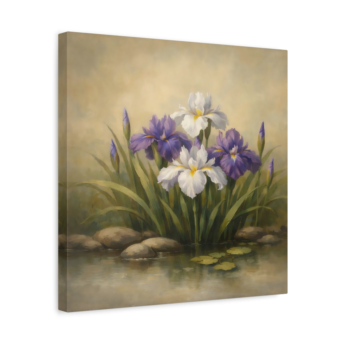 Side Mockup 6. Floral Iris Flowers Purple And White Floral shown as stretched canvas wall art