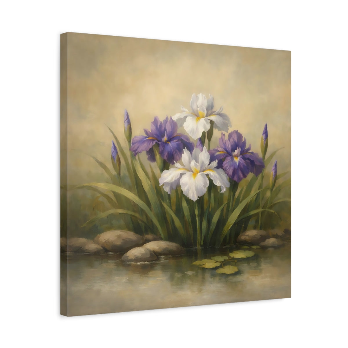 Side Mockup 5. Floral Iris Flowers Purple And White Floral shown as stretched canvas wall art