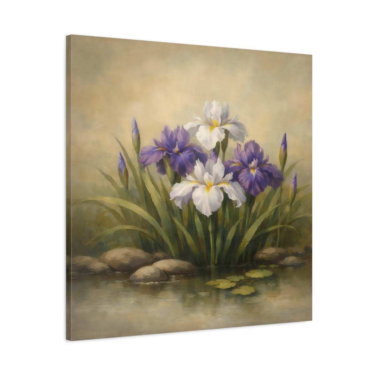 Side Mockup 3. Floral Iris Flowers Purple And White Floral shown as stretched canvas wall art