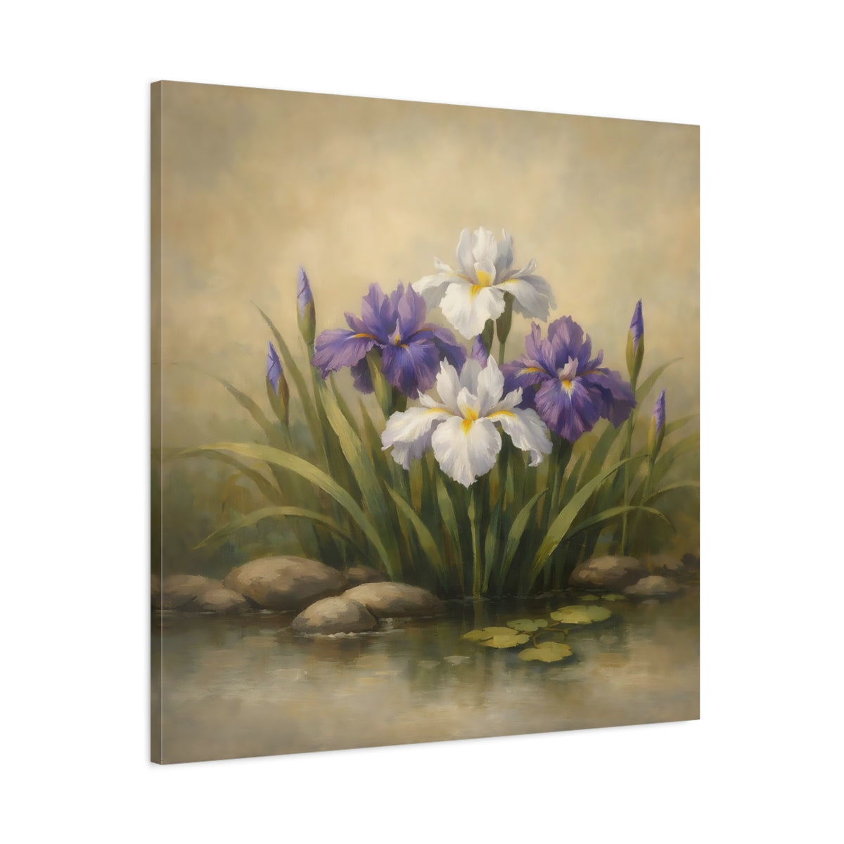 Side Mockup 2. Floral Iris Flowers Purple And White Floral shown as stretched canvas wall art