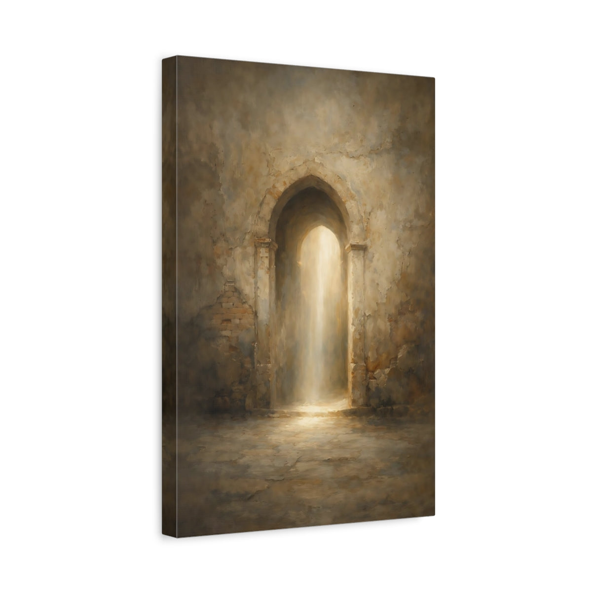 Side Mockup 4. Vintage Archway Brown And Gold shown as stretched canvas wall art