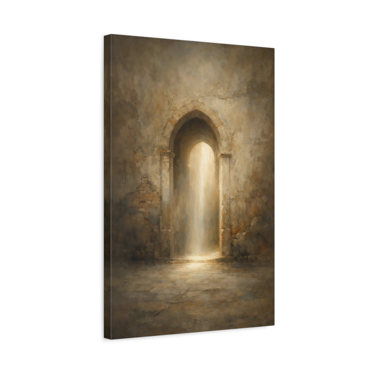 Side Mockup 3. Vintage Archway Brown And Gold shown as stretched canvas wall art