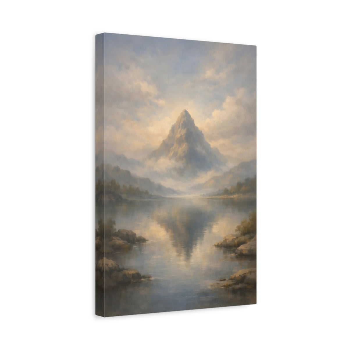 Side Mockup 4. Nature Mountain Misty Mountain Lake shown as stretched canvas wall art