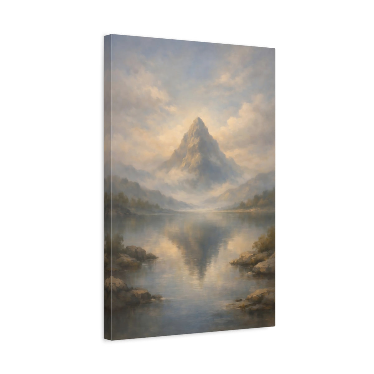 Side Mockup 3. Nature Mountain Misty Mountain Lake shown as stretched canvas wall art