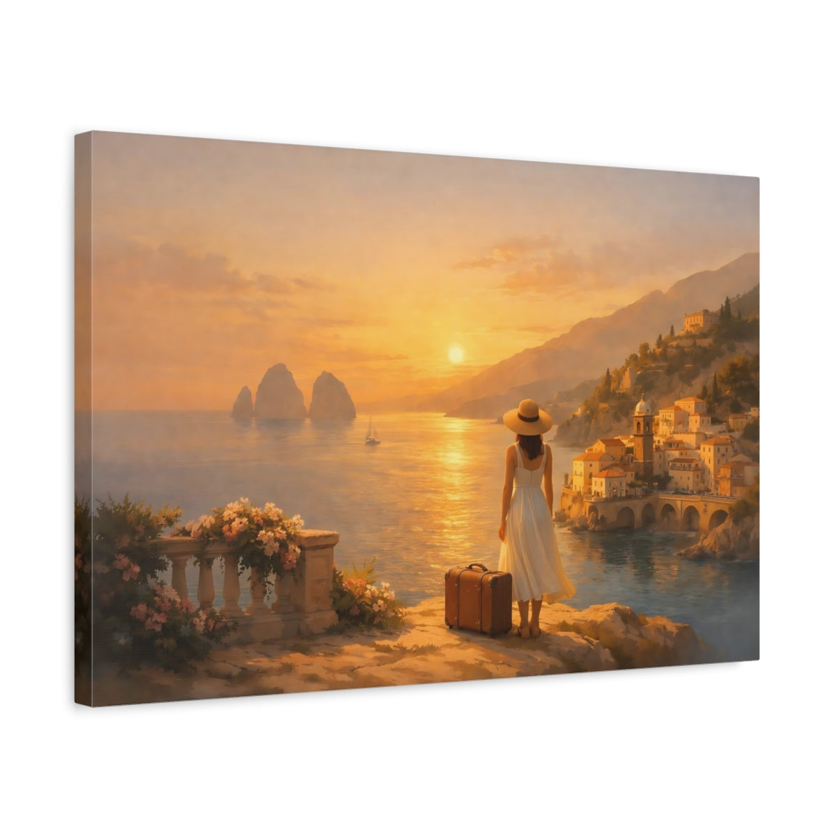 Golden Glow Italian Coast Coastal Village Vintage - Canvas Wall Art Print